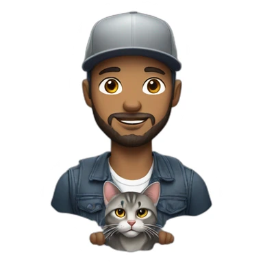 a man with a short beard and a snapback hat holding a big grey cat sticker