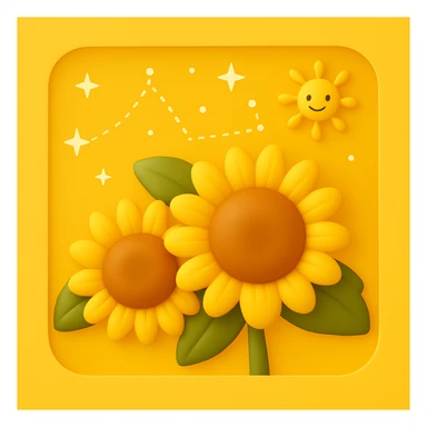 3D iOS style emoji of two sunflowers with a sun and stars in the background, mimicking the colors and composition of the reference image, add a yellow background sticker