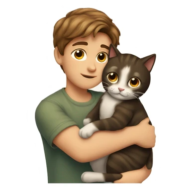 A boy with brown hair hugs a cat sticker