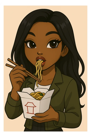 Change the pose to a headshot only of a 20-year-old anime Bratz style woman with dark skin, straight hair, trendy outfit, big expressive eyes, glossy lips, no hat, no tears, happy expression, looking straight ahead, eating out of a to-go Chinese food container with chopsticks. sticker
