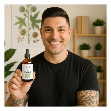 Create a realistic scene featuring a man with facial features and expression similar to the person in the reference photo. The man is smiling happily and holding a bottle labeled 'Olio di ricino'. The atmosphere is bright, positive, educational, and respectful, emphasizing the natural and beneficial qualities of the product. sticker