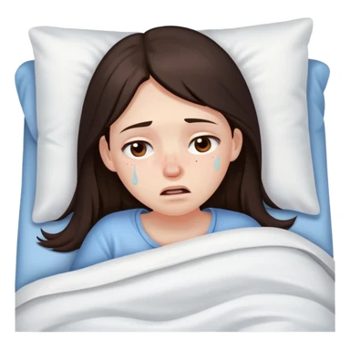 girl with long dark brown hair brown eyes and pale skin with acne crying in bed tired sick sticker