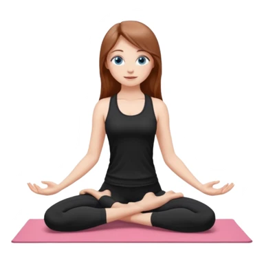 A girl with fair skin and a natural blush. Eyes are large, expressive, blue. Hair is long, straight, chestnut-colored. The smile is soft, friendly, doing yoga in a black top and leggings is standing in a yoga pose sticker