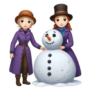 young Virginia Poe and  eldely Maria Clemm  full body building a snowman  1800's sticker