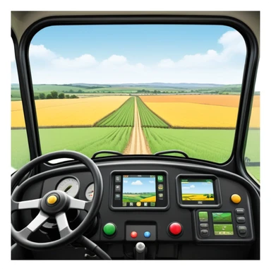 a view from the tractor cabin, with the dashboard in focus, overlooking a vibrant rural landscape. Inspired by Farming Simulator 22, the scene includes fields, crops, and distant barns under a bright sky. The design highlights the immersive experience of farm management. transparent background sticker