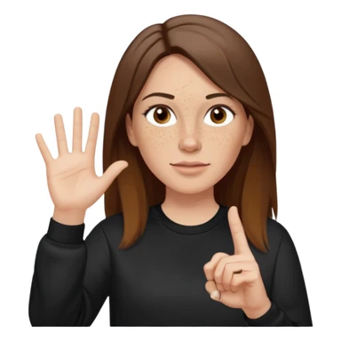 A 38 year old white woman with long brunette hair parted in the middle. She has her nose pierced. Her nose is medium sized. She has brown eyes. She has freckles and is wearing a black sweatshirt and is making the rock on sign with her hand sticker