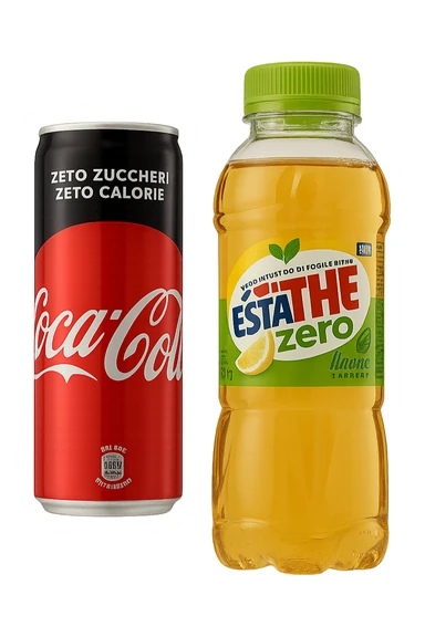 lattina di coca cola zero fluttua accanto a bottiglia di esta-thè zero, iperrealistiche 4k sticker