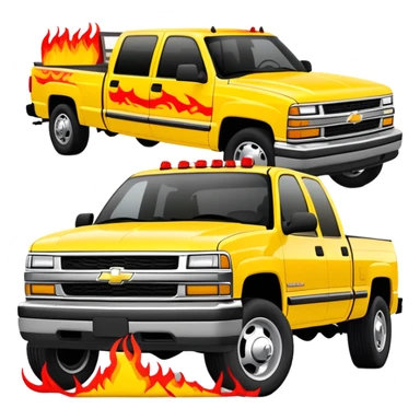 Yellow 1997 Chevrolet C-2500 Crew Cab Silverado with red flame design only on the front bumper, 30-degree view showing detailed bumper flames, Kill Bill movie vehicle, iOS emoji style sticker
