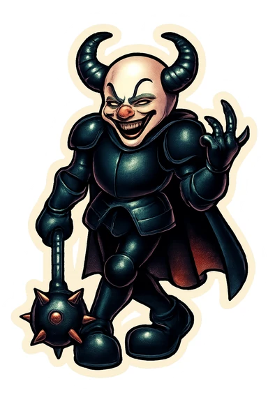 A sinister armored clown with no hair, ram horns pointing up, glossy black on matte black armor, short cape, large black clown shoes, standing with legs crossed, one arm down holding an oversized spiked mace, the other hand gesturing with a clawed hand, eyes barely open, evil smile, vibrant retro stickers style, no yellow aged tint, full body, transparent background, reference images included sticker
