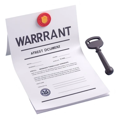 3D icon style arrest warrant document, white paper, large 'WARRANT' text at the top, body text, signature and official stamp at the bottom, bright lighting sticker
