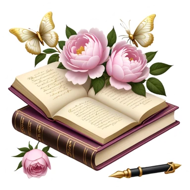 A vintage silk-bound poetry book, its cover embossed with golden floral motifs of pink roses and white peonies, resting on an antique writing desk with an ivory quill and a pearl butterfly sitting lightly on the book’s pages.
 sticker
