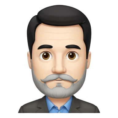 50 yr old white man, pale skin black hair with some grey highlights, side swept part, groomed moustache and beard sticker