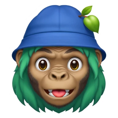 green haired gorilla head with blue hat, apple style emoji, no text, slightly different expression sticker
