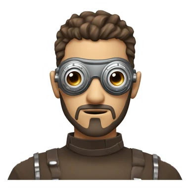 male cyborg head with brown shirt hair, brown beard, silver steampunk goggles and circuits sticker