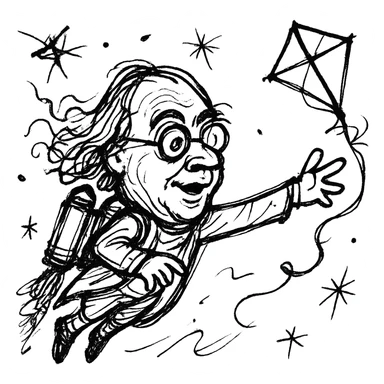 Ben Franklin with jetpack, left hand holding diamond kite, right arm out as if flying, minimalist black outline, slightly chaotic lines sticker