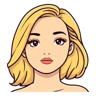 hair: medium long, blonde. makeup: long eyelash, medium dark eyebrows, nude lips.  sticker