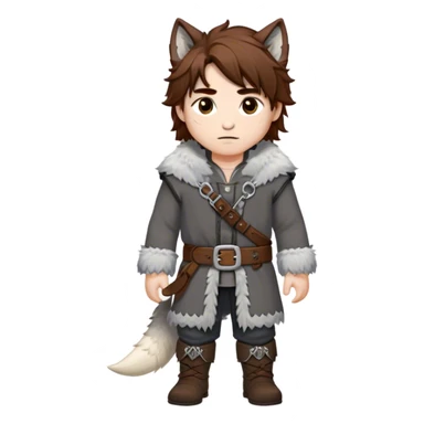 Medieval winter outfit worn by a DnD themed fantasy male character. Heavy slate gray wool tunic with wolf fur trim, featuring carved bone toggles and a wide leather belt with iron buckle. Clothes only above the waist, full waist coverage. The character has no arms. Character is white-skinned with dark copper hair, hazel eyes, and medium-length tousled hair with snow-touched strands. sticker