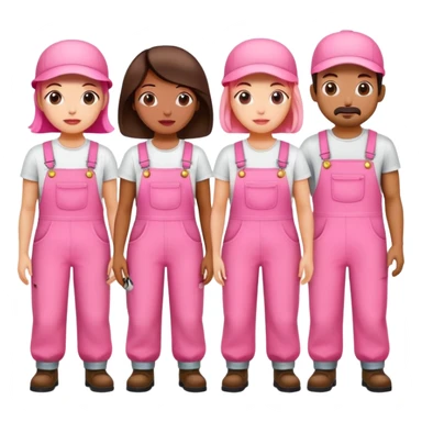 group of artists wearing pink overalls protesting for spam meat art sticker