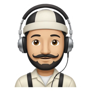 Half body man wearing white topi, lapray, black beard and moustache, headphones, eyes closed, realistic emoji style. sticker