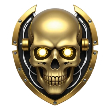 Cyberpunk shield, skull with cybernetic implants, glowing wires, dark electric gold and black tones, no background sticker
