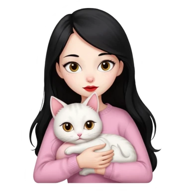 Beautiful Skinny Girl Long Hair black, Skin White, Sweater Pale Pink , Big Red Lips, Eyes coffe,Hug baby Persa Cream Cat Cutes big eyes sticker