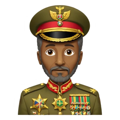 Create an emoji of an Older Haile Selassie African king wearing his ceremonial military uniform adorned with numerous medals, orders, and a sash. sticker