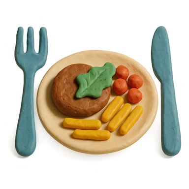 a plate with food and cutlery in claymation style representing a restaurant sticker