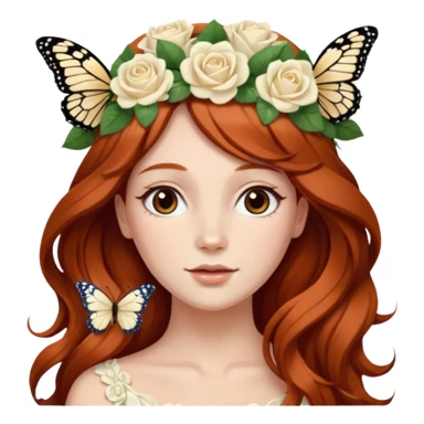 Woman with long flowing auburn hair wearing a flower crown with white and cream colored roses and butterflies in it sticker