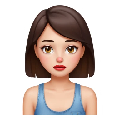 “Emoji brunette girl white tanktop, dewy skin, heavy blush across cheeks and nose bridge, glossy cherry lips, soft eyeliner, teary sparkling eyes like hanni from new jeans sticker