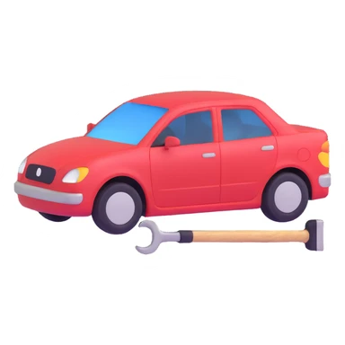 icon of a car with a visible dent from a crash and dent repair tools like a lever and small hammer sticker