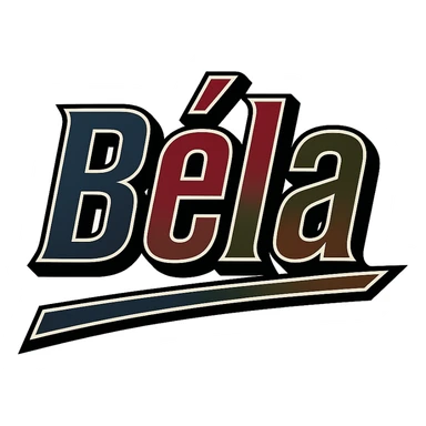 Text design of the name 'Béla' in a masculine, modern, gradient font with dark contour and thin white edging, dynamic slanted underline, masculine color shades including blue, gray, burgundy, green, and brown, 1000x1000 px, PNG, transparent background, in the style of the uploaded Attila sample. sticker