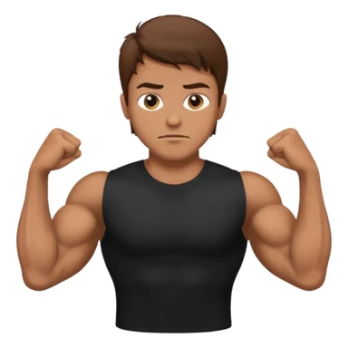 man with brown hair who is strong wearing black t shirt not smiling muscles sticker
