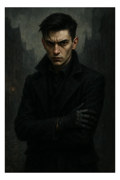Kaz Brekker from Six of Crows, young man with dark hair, sharp features, wearing a black coat and gloves, intense expression, moody atmospheric style sticker