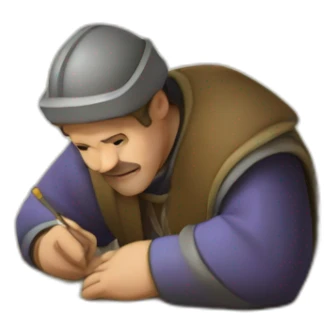 medieval architect working, overseeing a floor plan laid out on a piece of paper sticker