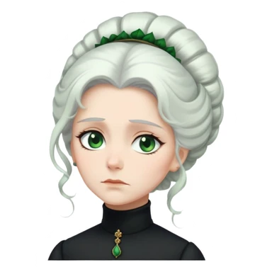A Victorian woman with elegant coiffed white hair and green eyes wearing a modest black turtleneck mourning dress looking down with a forlorn expression sticker