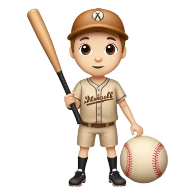 a wooden log trunk with thin legs, a cute face, holding a baseball bat sticker