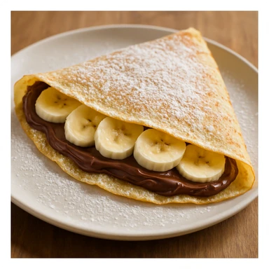 a French crepe filled with Nutella and banana slices, folded and dusted with powdered sugar, photorealistic sticker