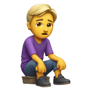 A sad 3D character sitting with slouched shoulders, looking down, and frowning. Teardrops on the face, hands resting in their lap, with a purple color theme enhancing the melancholic mood sticker