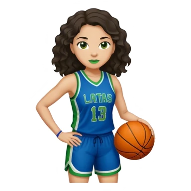 full figure light latino women basketball player with wavy dark hair wearing blue and green uniform sticker
