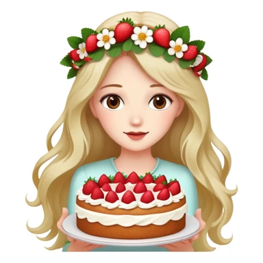A beautiful girl with long hair and a wreath holding a strawberry cake sticker