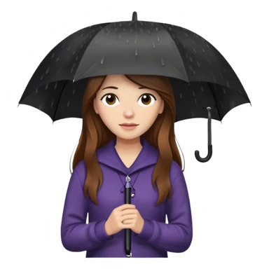 white woman with long brown hair and brown eyes, in a sweater, holding an umbrella in the rain sticker