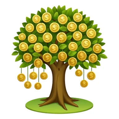 Apple-style money tree (10 coints), round soft green canopy.
No pot, no ground — only the tree.
Small gold coins as fruits inside the leaves (not below).
Flat 2D vector, clean shapes, no gradients.
Dark near-black background, premium fintech icon. sticker