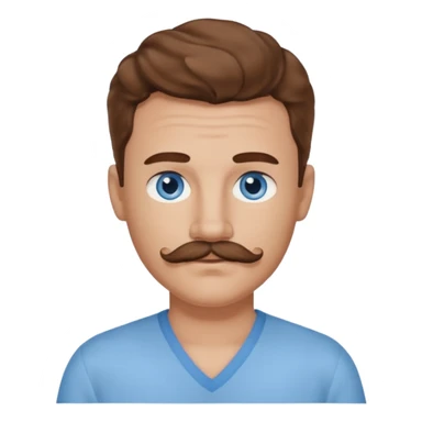 Benson Boone blue eyes, brown wavy hair and mustache, light blue v-neck shirt sticker