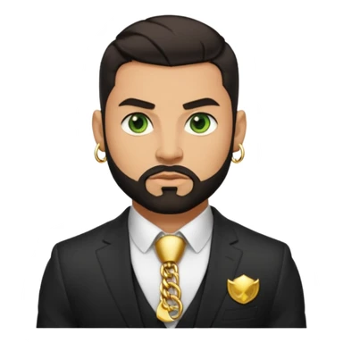 green eyes, dark short hair, muscular shoulders, gold chain, big lips big nose big eyes, masculine good looking, dark beard wearing a suit buttons of the shirt open and olive skin tone  sticker