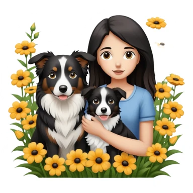 A girl is holding a black and white border collie in the flowers sticker