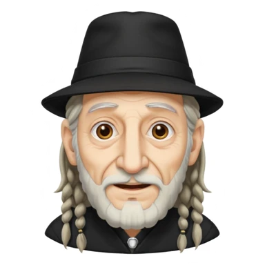 Jewish elderly man emoji with long dread hair on the sides and jewish hat, long big nose and crooked teeth sticker