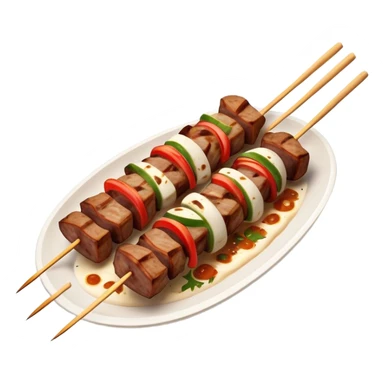 Cinematic Realistic Souvlaki Dish Emoji, showcasing skewered, grilled meat with Mediterranean spices rendered with dynamic textures and warm, appetizing lighting. sticker