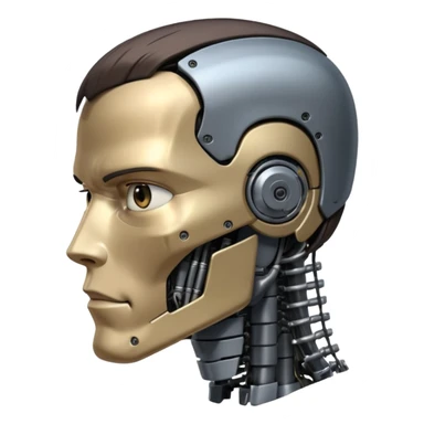 half-human half-Terminator face, clear division, human side with hair, robot side with metallic features, no text sticker