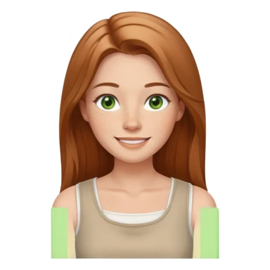 confident woman named Freya McOmish, smiling, green eyes, long light brown hair with a center part, subtle freckles, modern casual style, broad shoulders, wearing a white sleeveless square neck top sticker