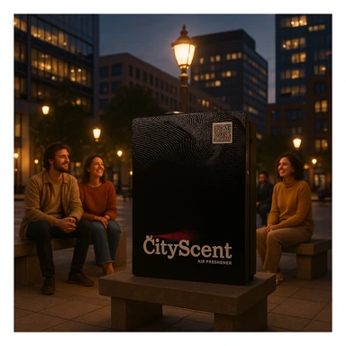 Place this exact CityScent air freshener machine in a city plaza at dusk, surrounded by softly glowing streetlights and modern buildings. Show a few people relaxing around the machine, looking happy and comfortable, enjoying the scent. The style should be photorealistic, realistic and inviting. sticker